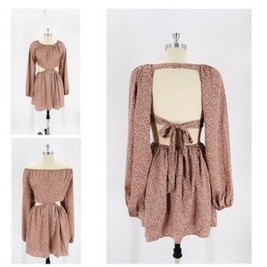 Lush Pink Dots Open Back Long Sleeve Mini Dress Large NWT Girly Romantic